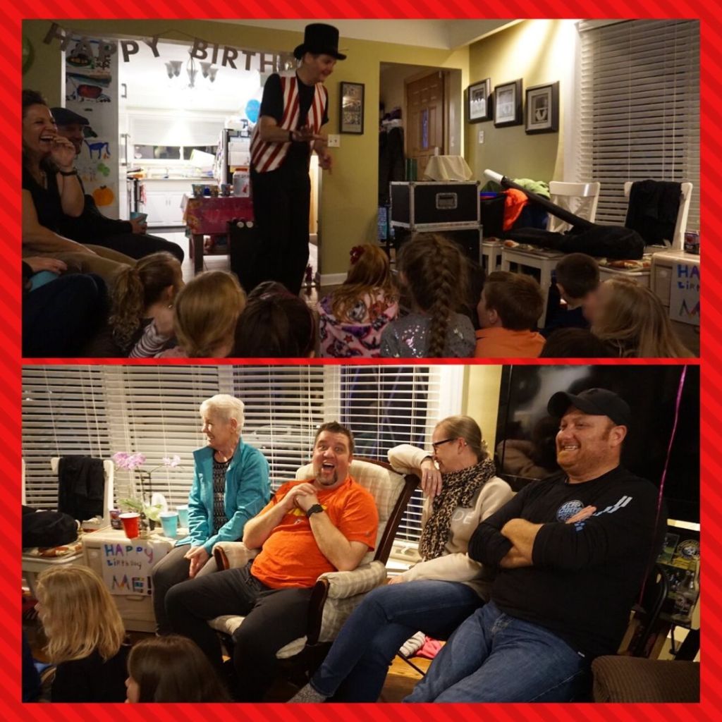 Owen performing at kid birthday party with many adults seen laughing.