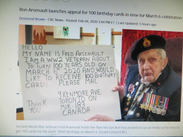 Soon to be 100 year old veteran holding sign requesting cards.