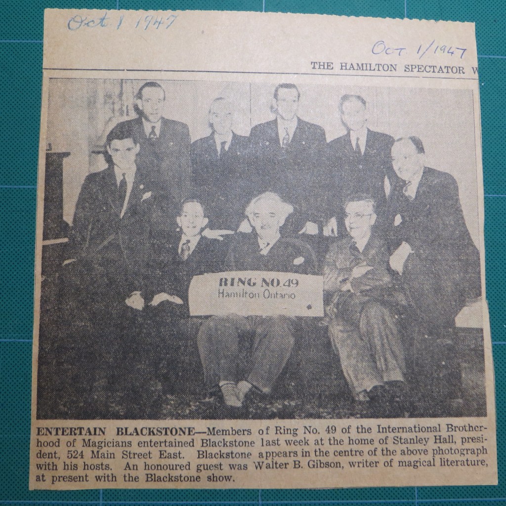 Newspaper clipping about Hamilton magicians club meeting with Harry Blackstone in 1947.