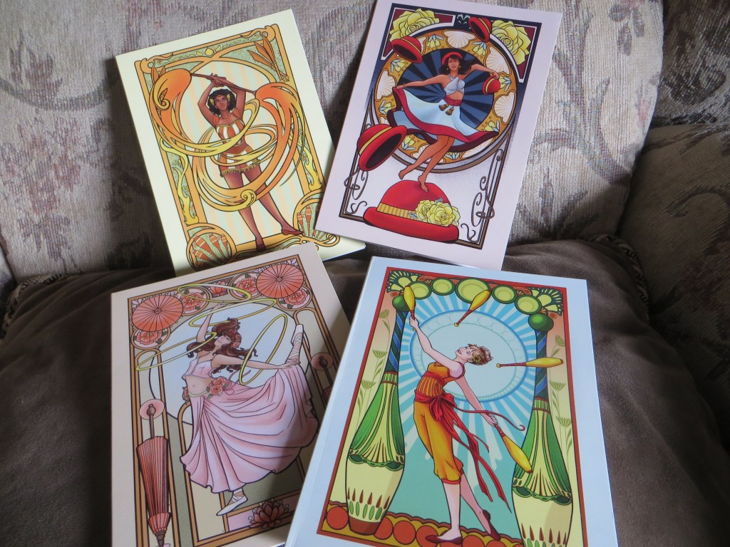 Four greeting cards featuring illustrations of talented female jugglers.