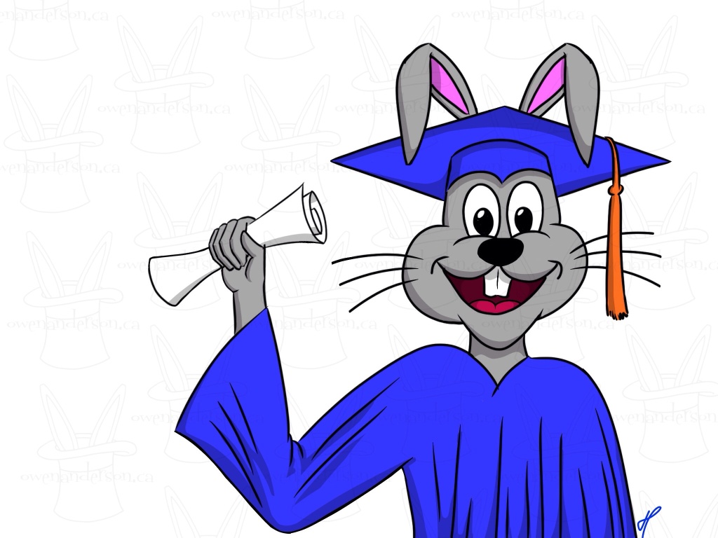 Smiling cartoon rabbit wearing graduation cap and gown holding a diploma.