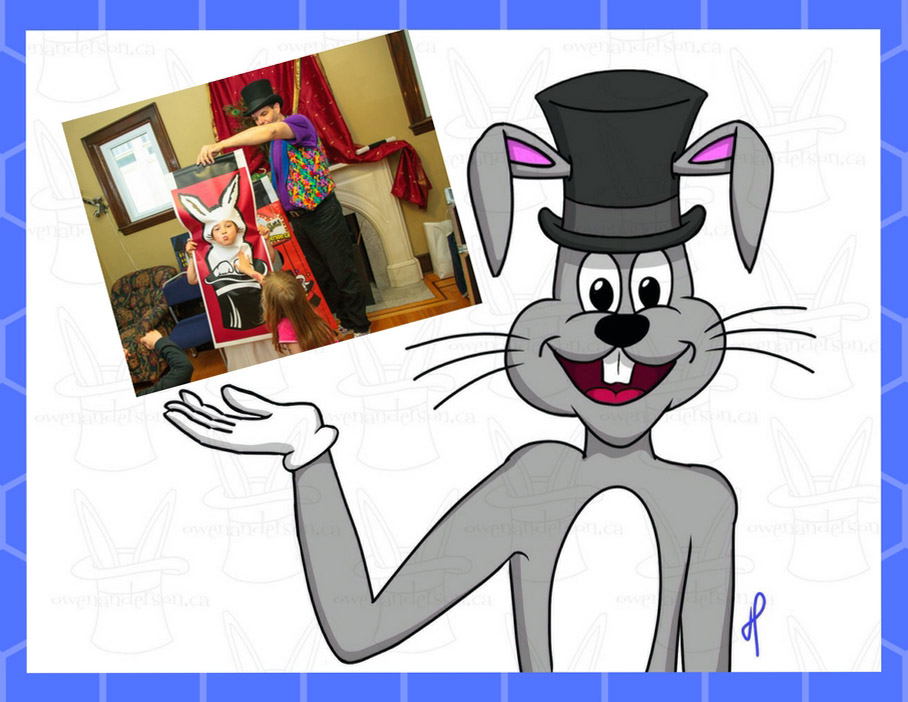 Cartoon rabbit gesturing towards a photo of Owen and child assistant during magic show.