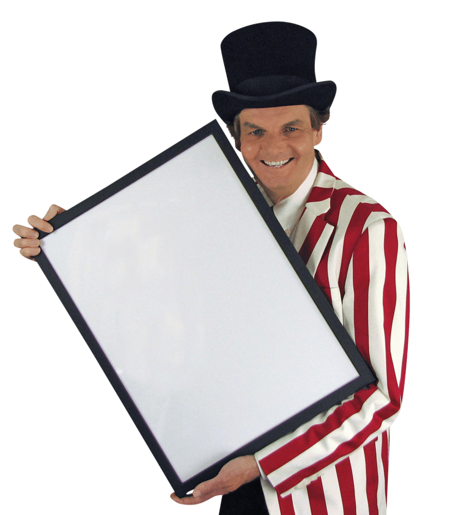 promo photo: Owen smiling facing camera holding a blank black framed whiteboard at a jaunty angle for client to add copy on to.