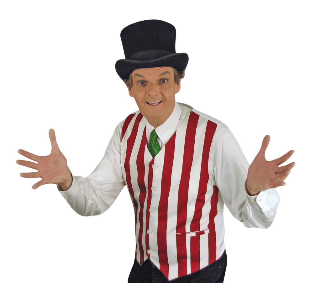 promo photo: Owen facing camera with animate face and hands held wide open.