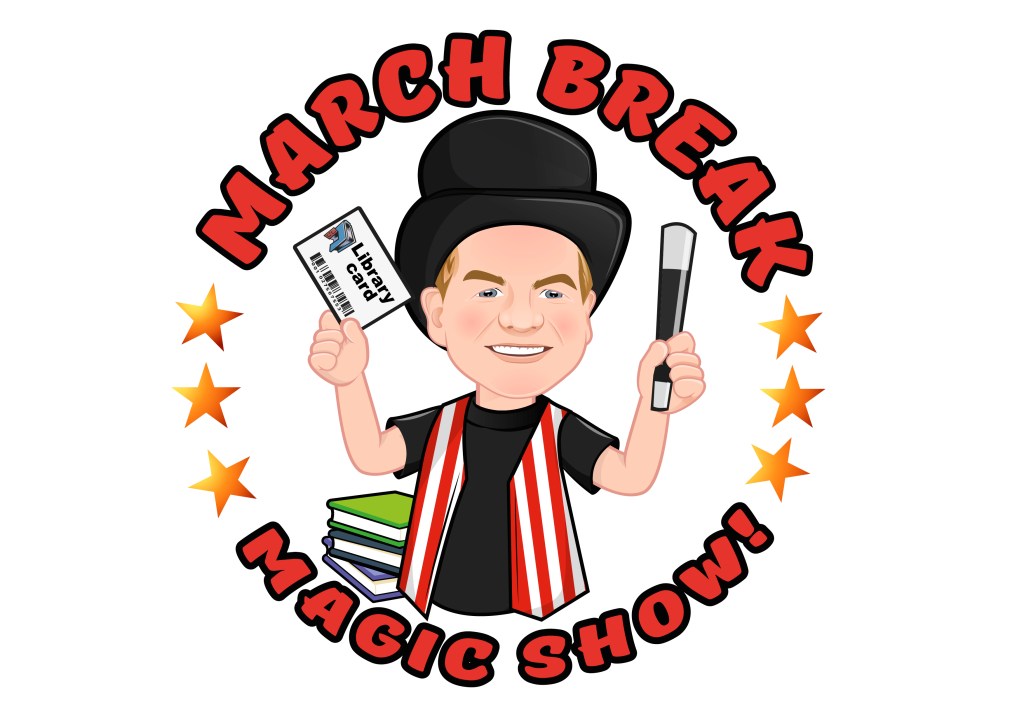 Cartoon image of magician Owen encircled by words which read March Break Magic Show.