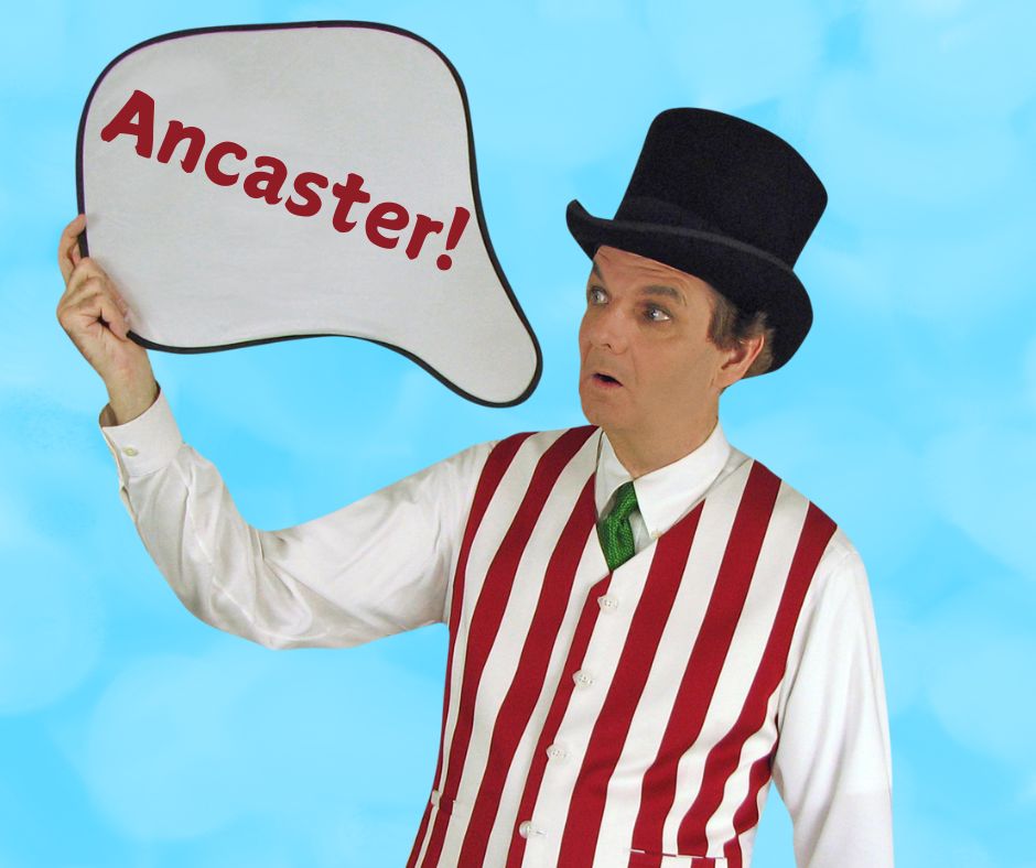 Magician Owen holding a thought bubble style style which reads: Ancaster!