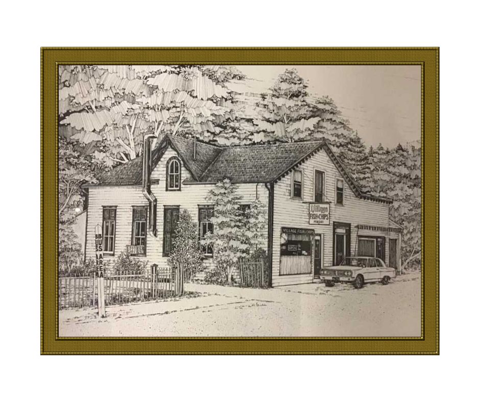 Black & white sketch of the old Village Fish & Chip shop in Ancaster.