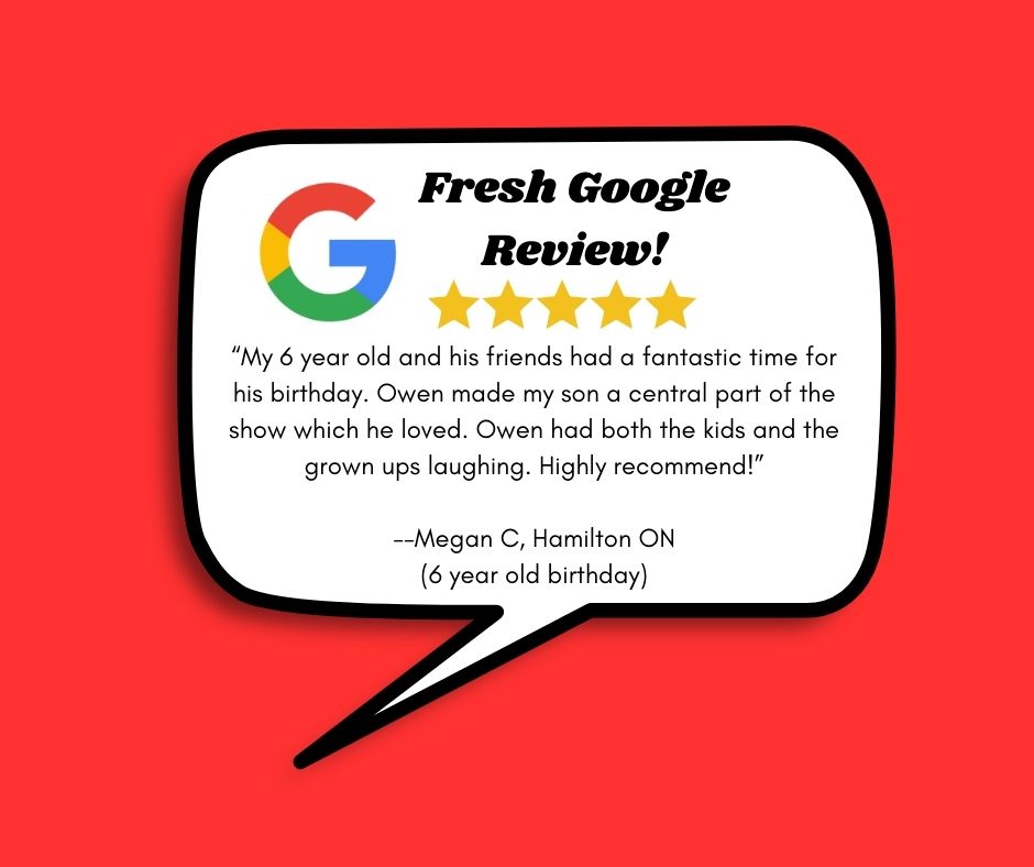 Thought bubble containing a nice Google birthday magic review from a mother.