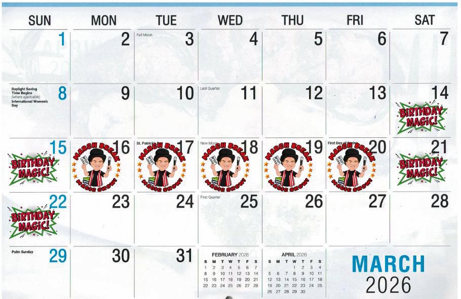 March 2026 calendar page with March Break week highlighted.