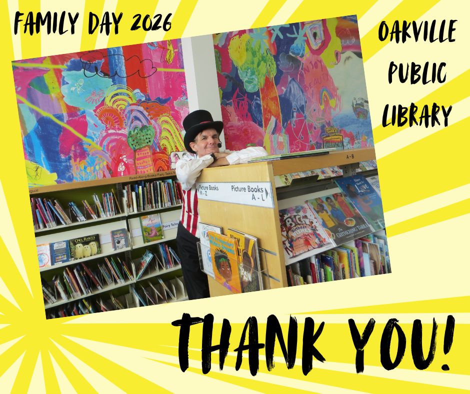 Owen leaning on bookshelf in Children's Dept. of Glen Abbey branch library between shows.