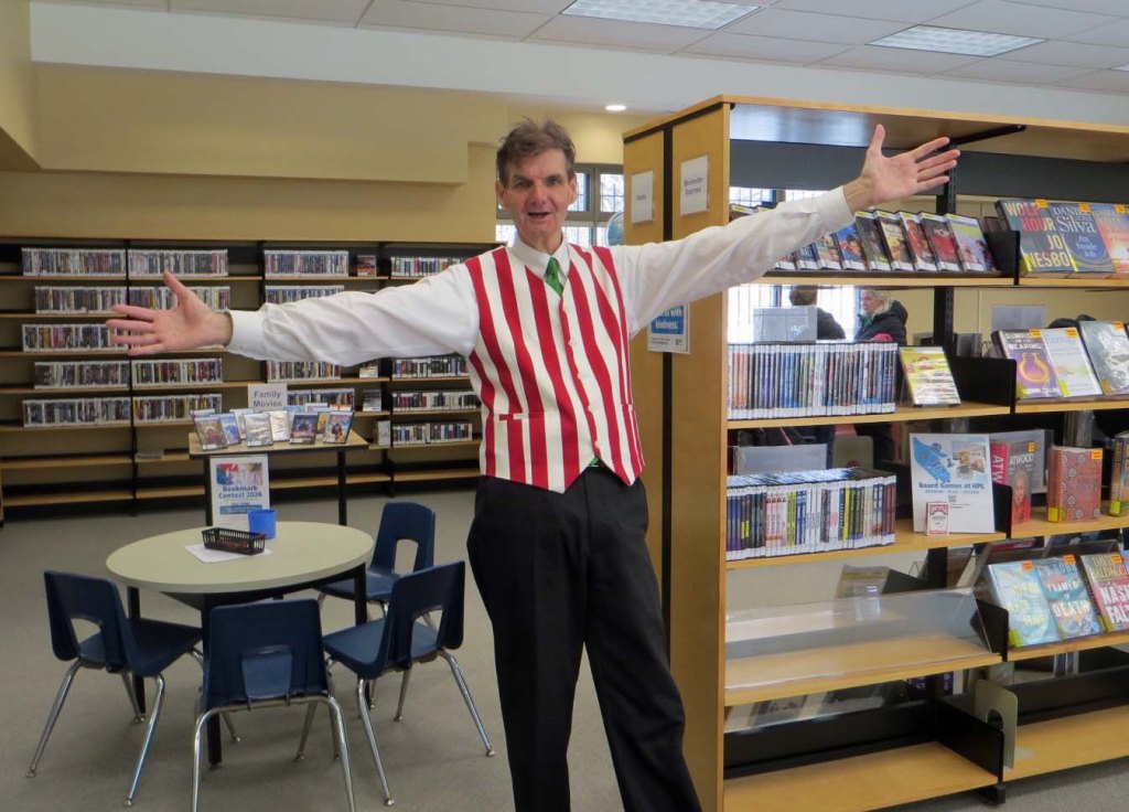 Owen gesturing inside Freelton Branch library after his March Break 2026 show.